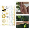 flash tattoo set Hawaiian flowers, cool pineapple glasses, sun, anchors, shells gold and silver and turquoise