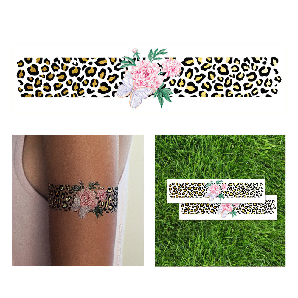 cheetah with flowers temporary tattoo, metallic gold and black temporary tattoo, tropical cheetah animal print flash tattoo