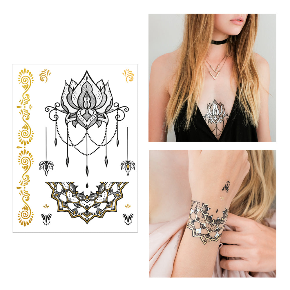 Gold and Black Henna Premium Design Pack of Metallic Temporary Tattoos, Flash Tattoos
