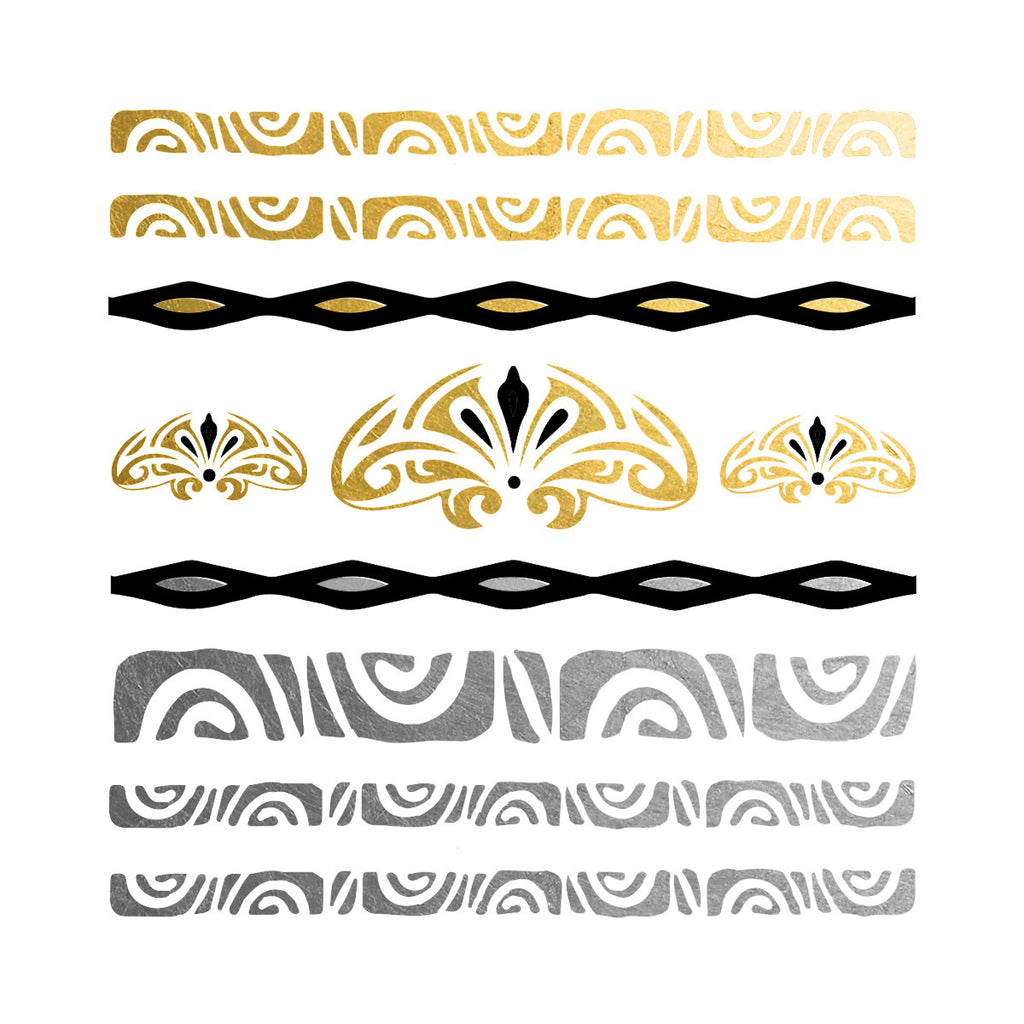 Polynesian temporary tattoo bracelets in gold, silver and black, Polynesian flash tattoo